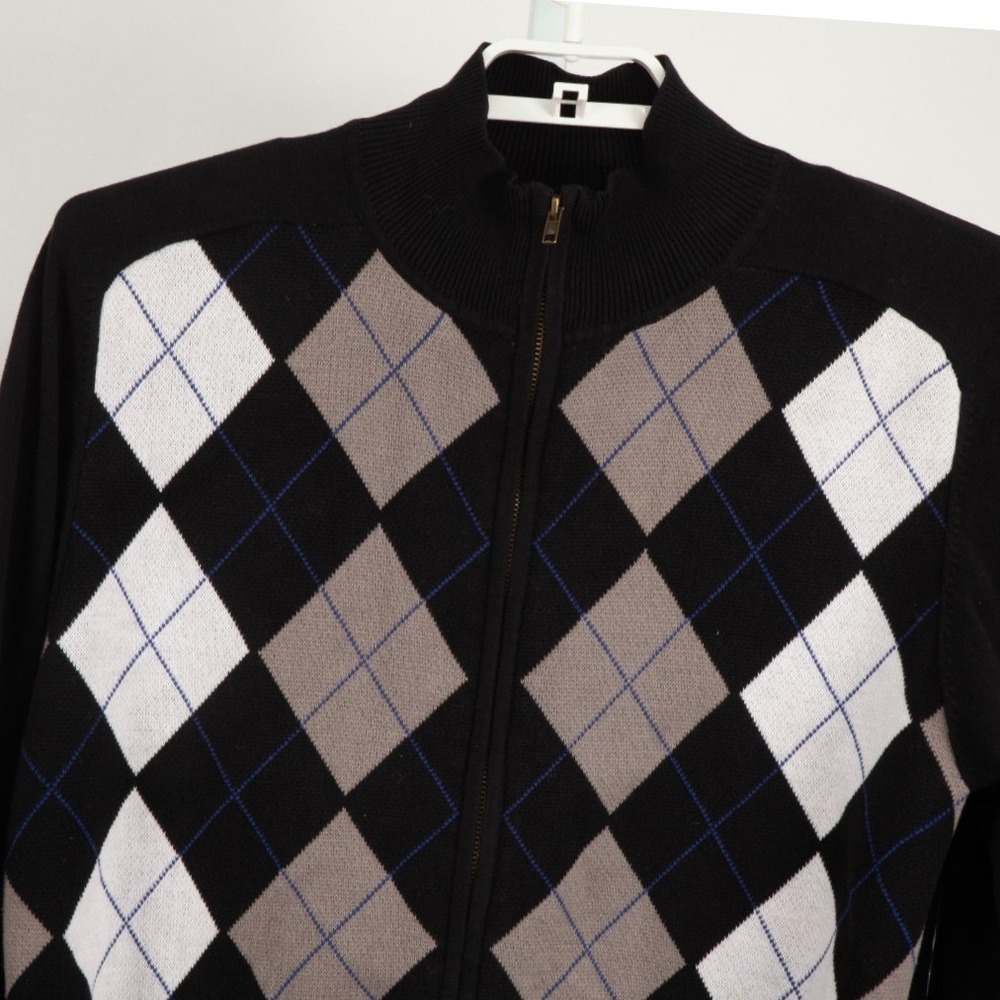 Guess Cardigan Sweater Mens XL Black Argyle Full Zip Mock Neck Cotton